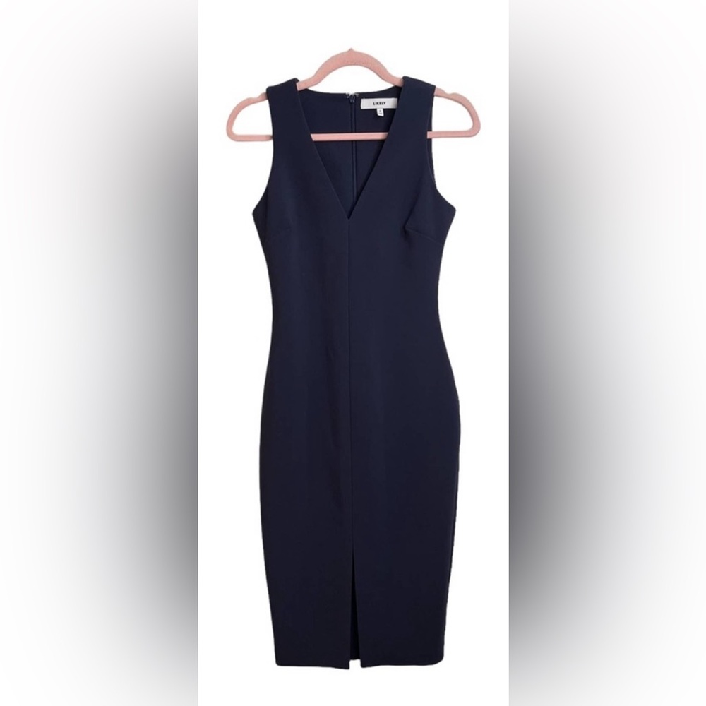 Likely Park Navy Sleeveless Bodycon Midi Dress-front slit-size 2